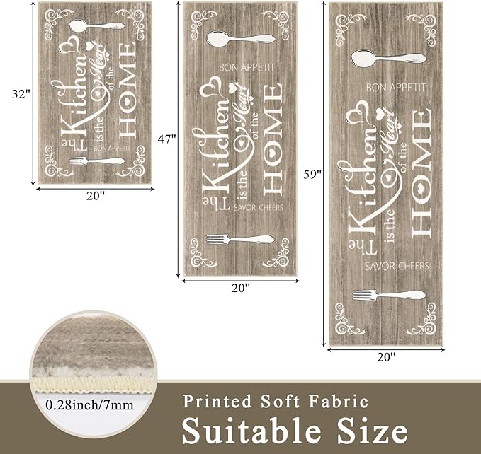 Vaukki Boho Kitchen Rug Sets 3 Pieces, Washable Kitchen Mats for Floor, Non Slip Soft Kitchen Area Rug Floor Mat for Kitchen, Laundry Room and Hallway (Dark Brown, 20''x32''+20''x47''+20''x59'')