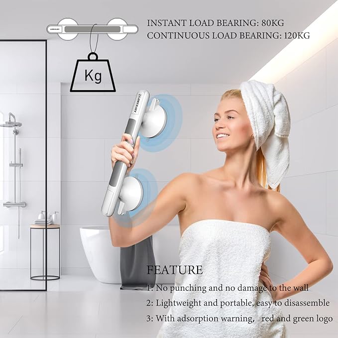 Shower Handles for Elderly Suction, Grab Bars for Bathtubs and Showers, Suction Grab Bars for Shower, Shower Grab Bars for Seniors, Shower Bars Safety with Indicators, No Drilling Waterproof