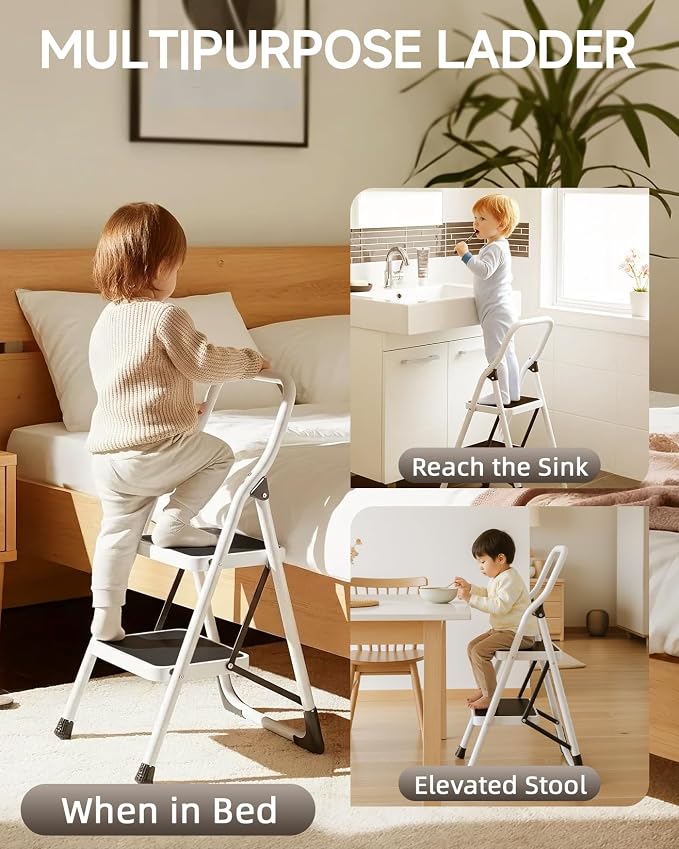 SOLADDER 2 Step Stool, Folding Step Ladder with Wide Anti-Slip Pedal & Safety Lock, Step Stool for Kitchen, Bathroom, Office, 300lbs Capacity