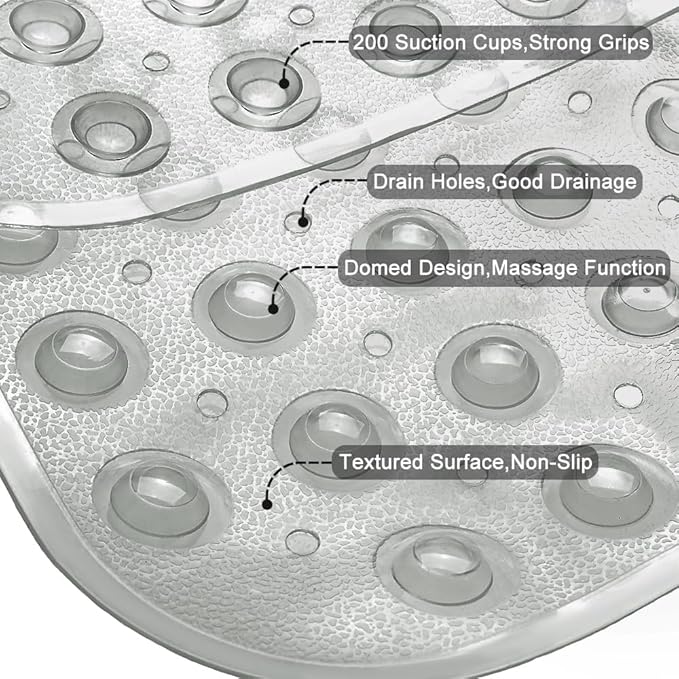 Bathtub and Shower Mats, Extra Long Non-Slip Bath Tub Mat 39 x 16 Inch, Machine Washable Bathmat with Suction Cups & Drain Holes for Bathroom Floor, Clear Grey