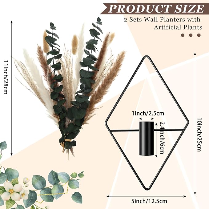 Jexine 4 Pcs Hanging Planters with Artificial Pampas Grass Metal Hanging Vase Indoor Plants Holder Modern Geometric Boho Bathroom Wall Decor for Living Room Home Office(Black)