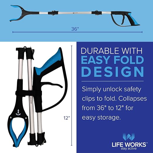LIFE WORKS Reacher Grabber Tool, 360° Rotating Head, Lightweight 36" Foldable Arm, Ergonomic Grip, 4.5" Wide Jaw, Mobility Aid, Portable Picker Upper Tool for Seniors & Limited Mobility, 1 Pack