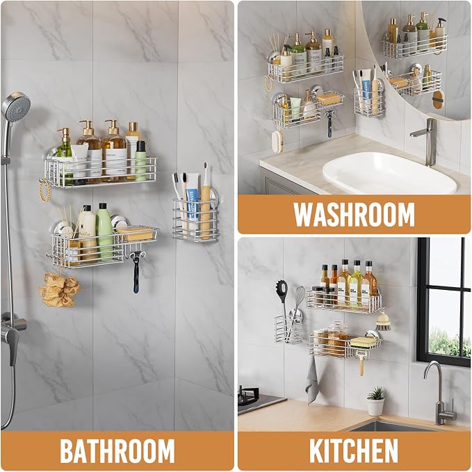 LEVERLOC Shower Caddy Suction Cup, 3 Pack Heavy Duty Bathroom Organizer for Inside Shower with Hooks & Soap Holder, Removable Bathroom Holder