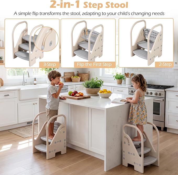 Costzon Toddler Step Stool for Bathroom Sink, Adjustable 3-Step Helper Stool for Kids with Non-Slip Pads, Plastic Ladder for Bedroom Kitchen Counter Potty Training (Grey, 17.5" L x 17" W x 27.5" H)