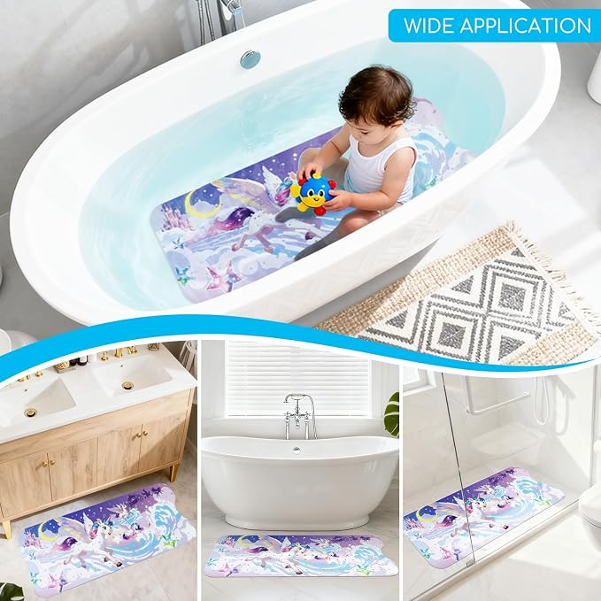 Baby Bath Mat for Tub, Non Slip Kids Bath Shower Mat, 40 X 16 Inch Large Bathtub Mat with Drain Holes and Suction Cups for Toddlers, Machine Washable and Waterproof (Unicorn)