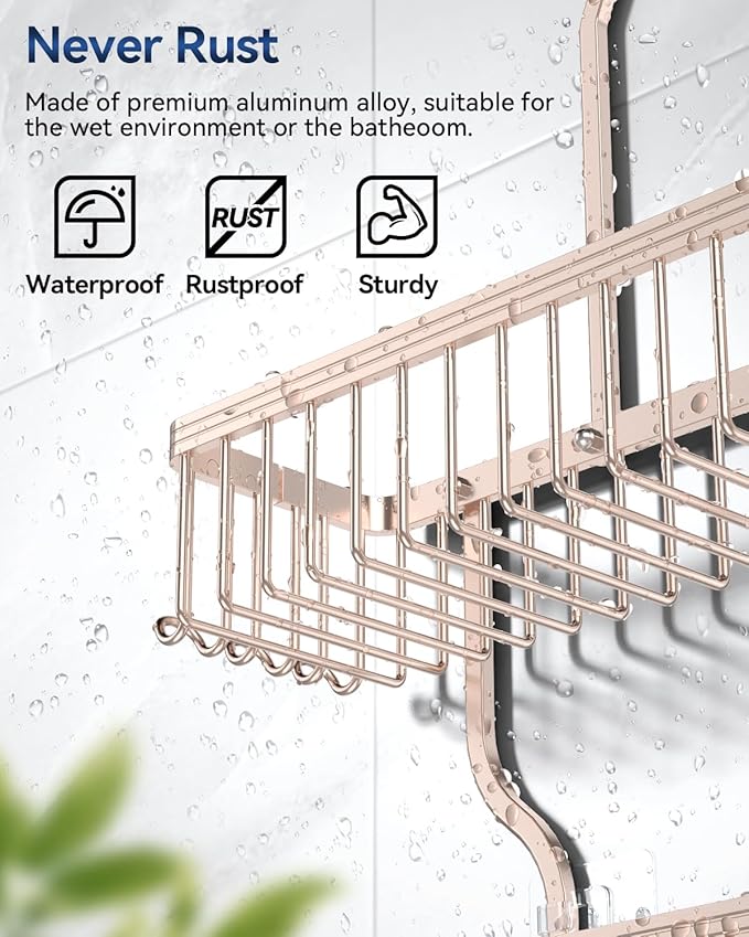 YASONIC Never Rust Shower Caddy Hanging, Aluminum Shower Racks for Inside Shower, 3-Tier Shower Organizer Hanging Over Shower Head with Hooks and Soap Holder, Rose Gold