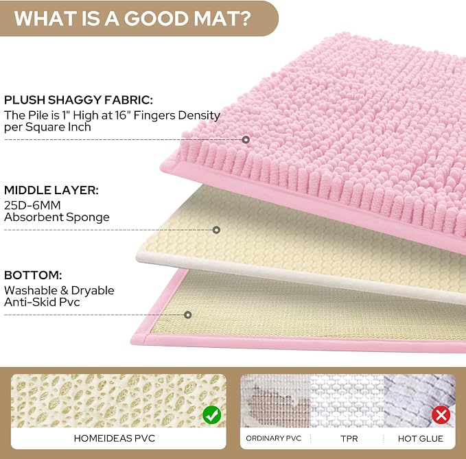 HOMEIDEAS 3 Pieces Bathroom Rugs, Ultra Soft Non Slip Absorbent Chenille Toilet Bath Mat Set (Light Pink)