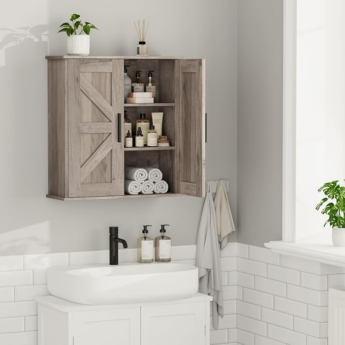Homleke Bathroom Wall Cabinet, Over Toilet Storage Cabinet with Barn Doors and Adjustable Shelves, 3-Tier Medicine Cabinet Wall Mounted, for Bathroom, Kitchen, Entryway, Laundry Room, Greige, (7.9" D)