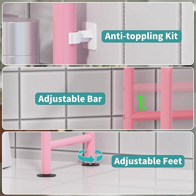 3-Tier Over The Toilet Storage Organizer, Space-Saving Bathroom Rack with Paper Holder & 4 Hooks, 64" Tall Freestanding Carbon Steel Shelf for Small Apartment Laundry Room (Pink)