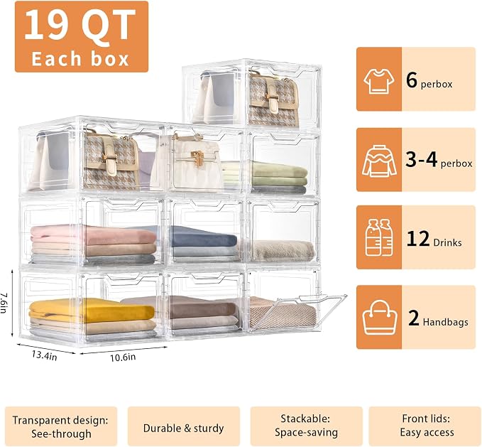 Freebat 10 Pack Closet Organizers and Storage,Clear Stackable Plastic Storage Bins with Lids Magnetic Doors,Clothes Organizers and Storage,Plastic Craft Containers for Wardrobe Kitchen Bathroom Office