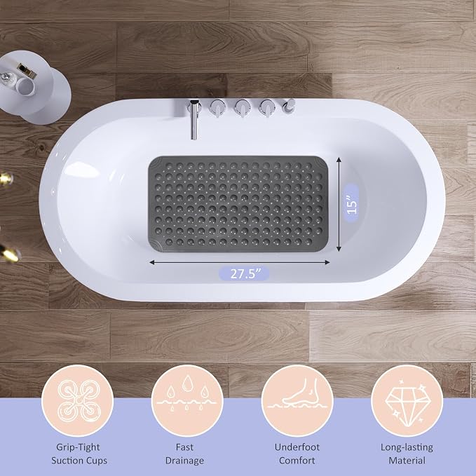 WarmSnow Non Slip Shower Mats for Inside Shower 15 x 27.5 Inch, TPE Bathtub Mat Non-Slip, Bath Mat for Tub with Suction Cups, Drain Holes Bath Tub Mat for Bathroom, Dark Gray