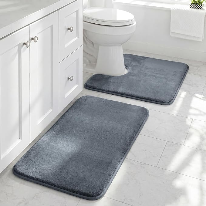 HUXMEYSON Bathroom Rugs Sets 2 Piece, Non-Slip & Quick Dry Bath Mat Set, Ultra Soft Velvet Bath Rugs for Bathroom, Toilet and Shower Floor, Grey
