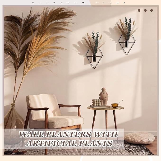 Jexine 4 Pcs Hanging Planters with Artificial Pampas Grass Metal Hanging Vase Indoor Plants Holder Modern Geometric Boho Bathroom Wall Decor for Living Room Home Office(Black)