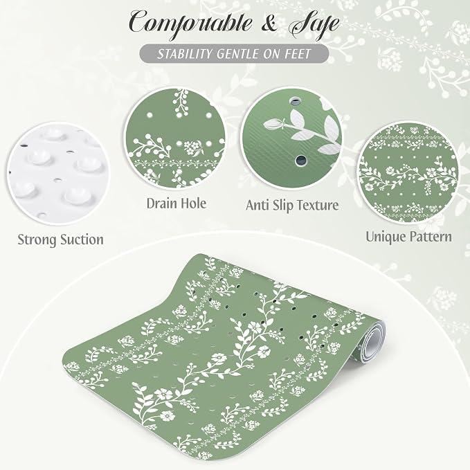 SHUCHING Green Bath Mat for Tub Non Slip for Women-40 X 16 Inch, Flower Non Slip Bathtub Mat for Adults & Elderly Mold Free, Long Shower Mat for Inside Shower with Suction Cup, Machine Washable