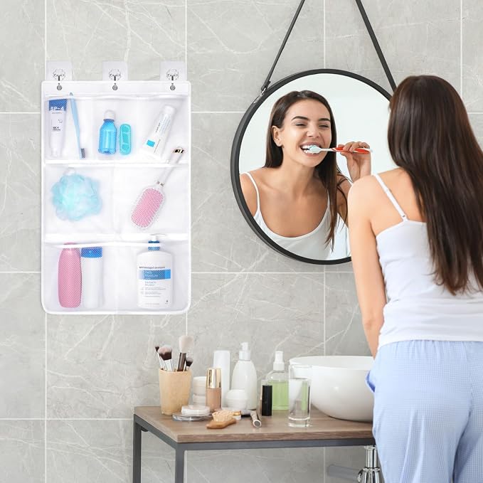 F-color Cruise Essentials 2026 - Mesh Shower Organizer Hanging with 7 Pockets for RV Gym Camping, Quick-Dry Portable Toiletry Bag with Metal Hooks for Bathroom Travel Toiletries, White