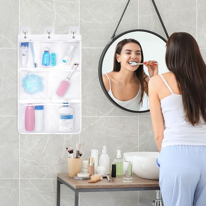 F-color Cruise Essentials 2026 - Mesh Shower Organizer Hanging with 7 Pockets for RV Gym Camping, Quick-Dry Portable Toiletry Bag with Metal Hooks for Bathroom Travel Toiletries，White+White