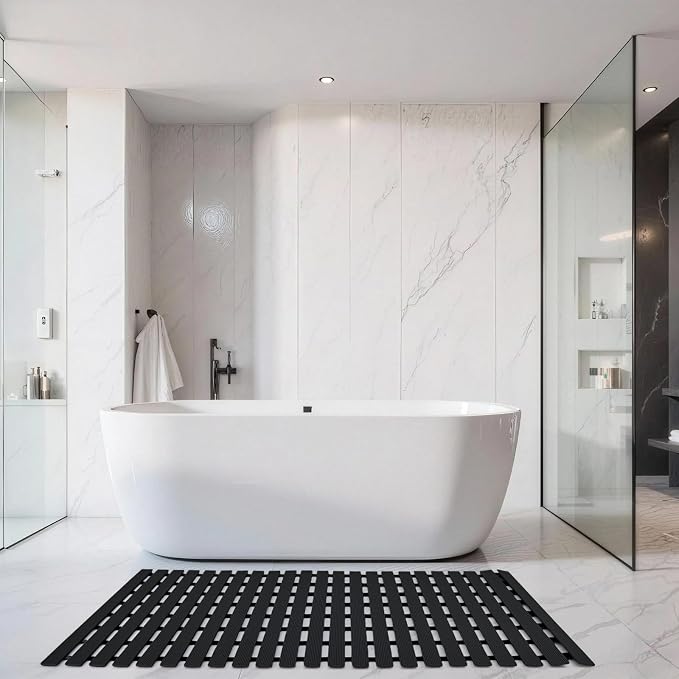 Black Weighted Non Slip Bathtub Mat Without Suction Cups,Textured TPE Bath Mat for Textured Tub & Shower Surfaces,Doesn't Float, Works on Tile and Stone(33.8”x 17”)