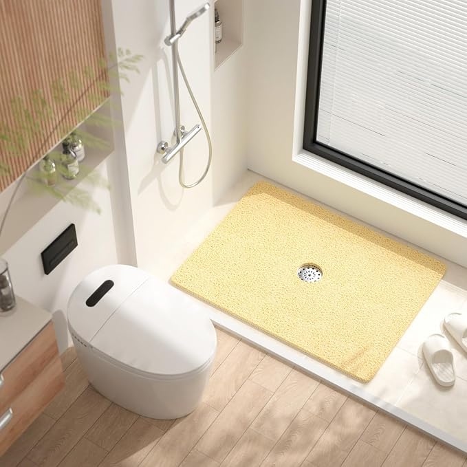 HITSLAM Shower Mat, 32 x 24 Inch Non Slip Bath Mat for Tub, Soft PVC Loofah Bathtub Mats with Drain Holes, Quick Drying Bathroom Stall Floor Mat, Bathroom Accessories Without Suction Cup, Beige