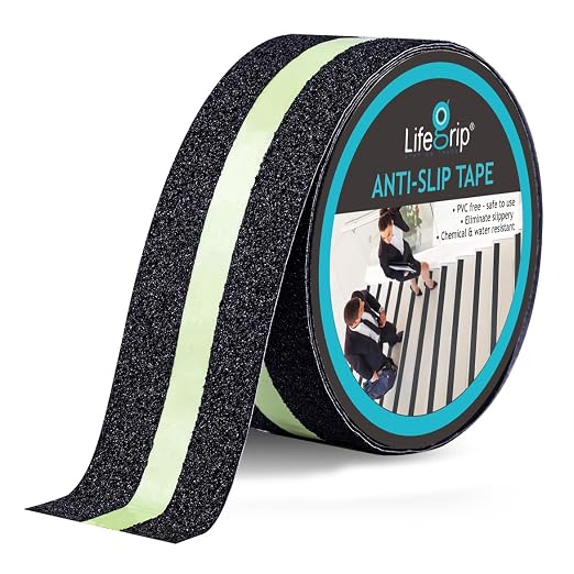 LifeGrip Anti Slip Traction Tape with Glow in Dark Green Stripe, 2 Inch x 15 Feet - Best Grip Tape, Friction, Abrasive Adhesive for Stairs, Tread Step, Indoor and Outdoor, Black (2" X 15')