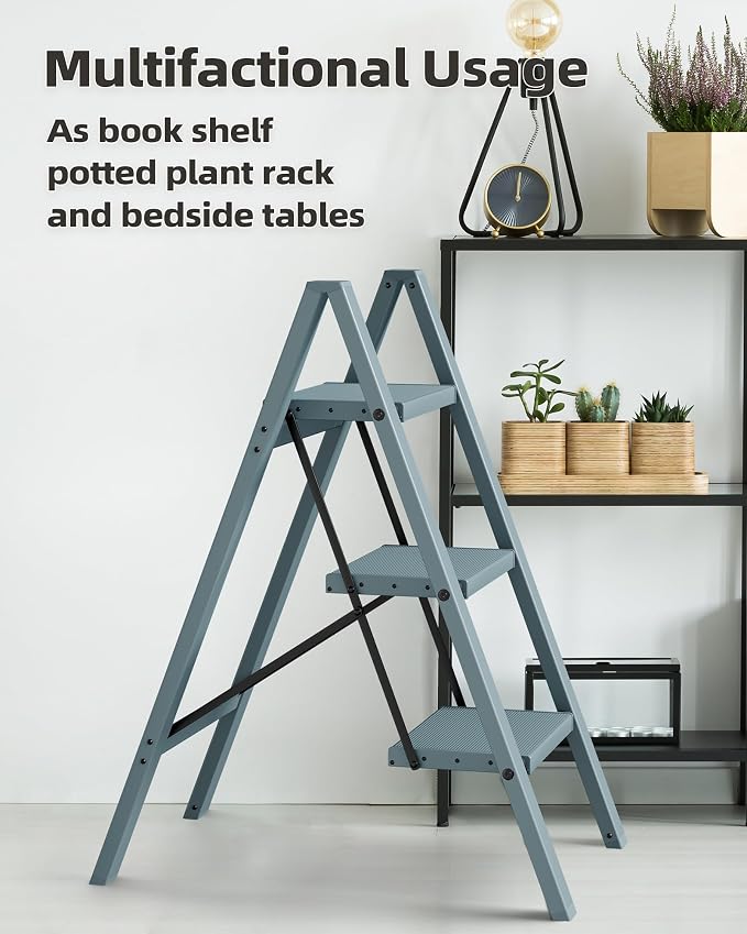 HillhutApex 3 Step Stool, Aluminum Foldable Step Ladder, Lightweight Stable Stool with Wide Non-Slip Pedals, 330lbs Bearing Capacity Ladder for Office,Home,Kitchen - Light Blue
