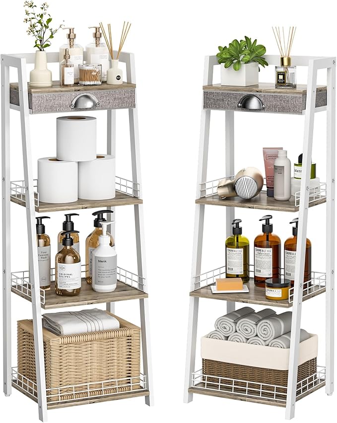 keomaisyto 4-Tier Elegant Ladder Shelf, Bathroom Storage Shelf, Ladder Bookshelf with Drawer, Freestanding Storage Shelves for Bathroom Living Room Study Office, White