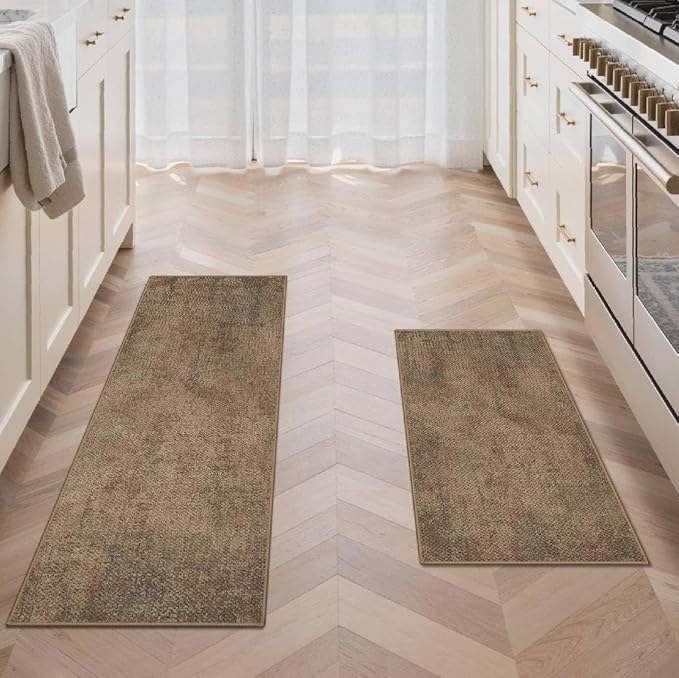 GENIMO Kitchen Mats for Floor 2PCS, Washable Absorbent Runner Rugs for Kitchen, 17.3"x47"+17.3"x30", Cushioned Non Slip Kitchen Rugs for Kitchen Floor,Standing Mat Rug for Home, Sink, Laundry, Jute