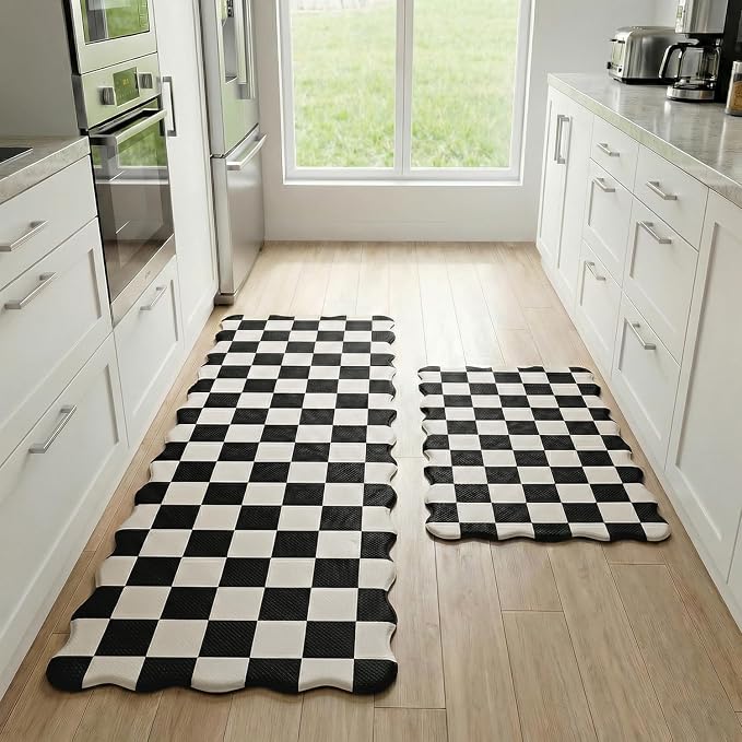 Scalloped Beige Black Checkered Grid Checkerboard Kitchen Rug Sets [2 PCs], Anti-Fatigue, Waterproof Non-Slip Kitchen Mats Heavy Duty Comfort Foam Rug for Kitchen, Floor, Laundry,17"x29"+17"x47"