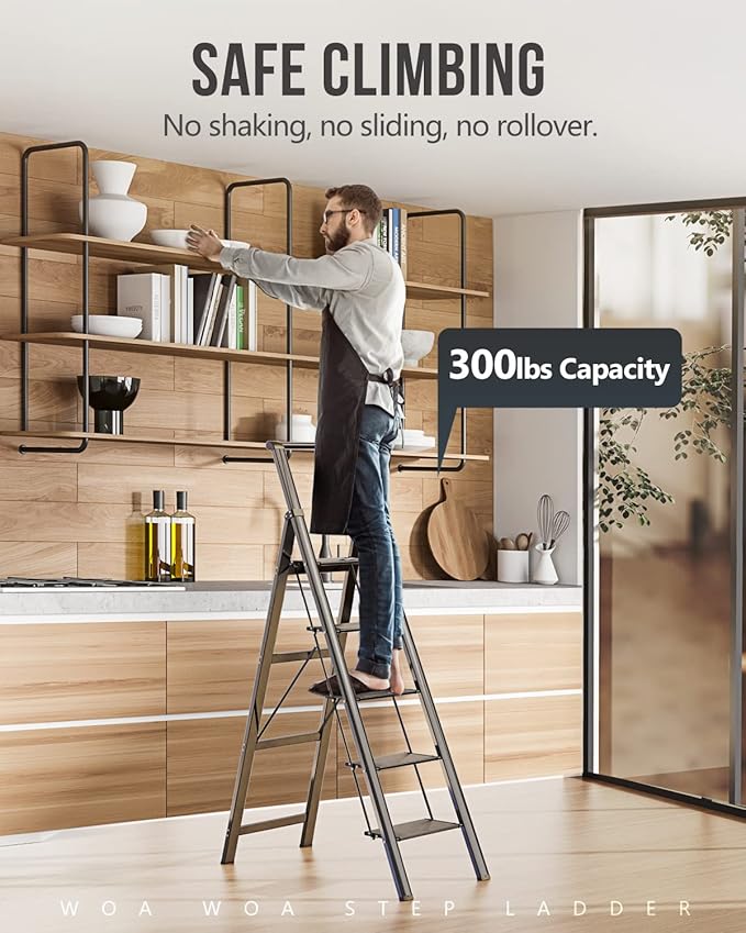 WOA WOA 5 Step Ladder, Ladders for Home, Anti-Slip Pedals, Step Stool Foldable, Lightweight to Move, Ease of Storage, Reach 10ft for Closet Kitchen Library, Hold 300lbs - Black