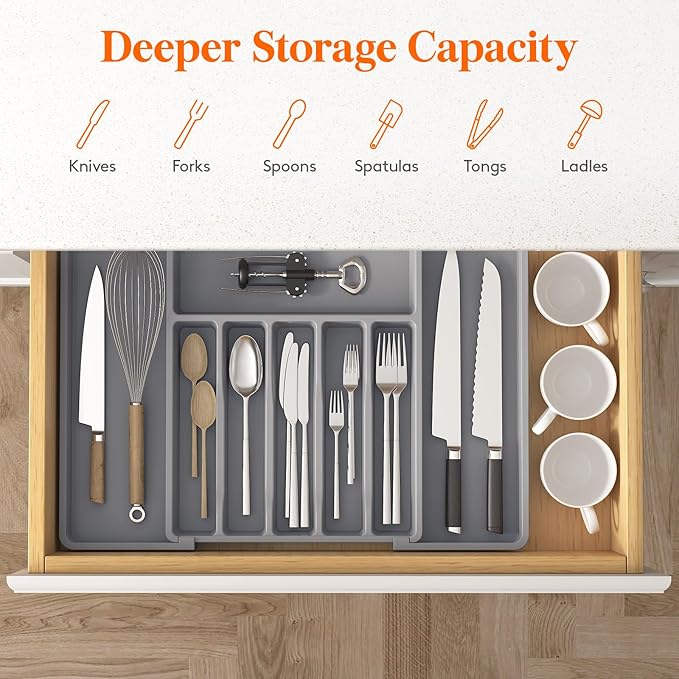 Lifewit Silverware Drawer Organizer, Expandable Utensil Tray for Kitchen, BPA Free Flatware and Cutlery Holder, Adjustable Plastic Storage for Spoons Forks Knives, 33 -57 x 42cm, Gray