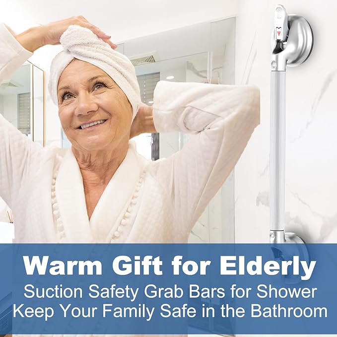 Shower Handle,Shower Handles with Strong Suction Cup Grab Bar,Bathroom Safety Grab Bar for Handicap Elderly Seniors and Disabled,Heavy Duty,Silver