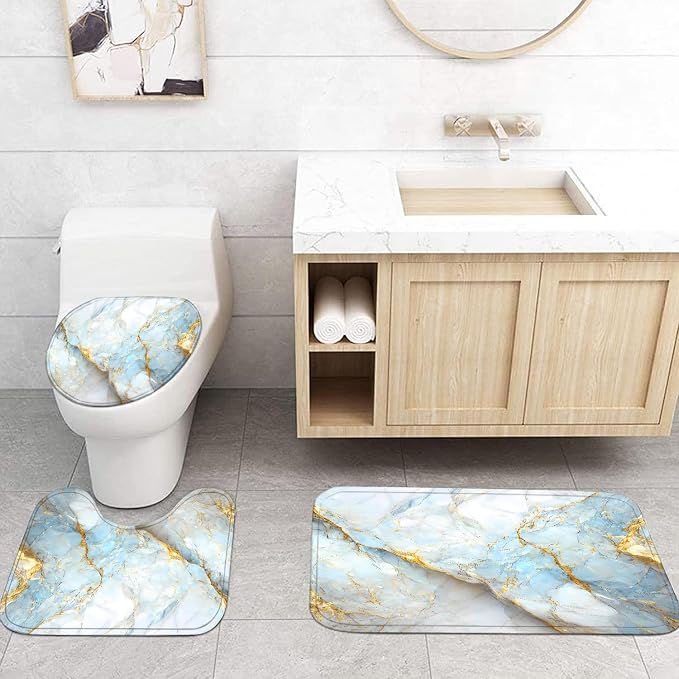 Nkzply 4 Pcs Blue Marble Shower Curtain Set White Bathroom Sets with Shower Curtain and Rugs Gold Modern Abstract Bathroom Decor Accessories Bathroom Rugs Toilet Lid Cover with Hooks
