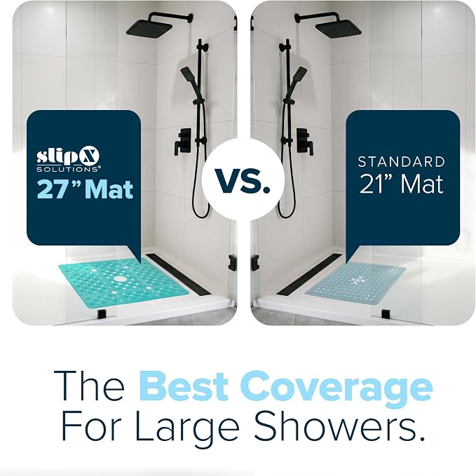 SlipX Solutions 27" Oversize Square Shower Mat, Non-Slip Mat for Elderly & Kids, 100+ Power Grip Suction Cups for Smooth Surfaces, Machine Washable, Transparent Aqua