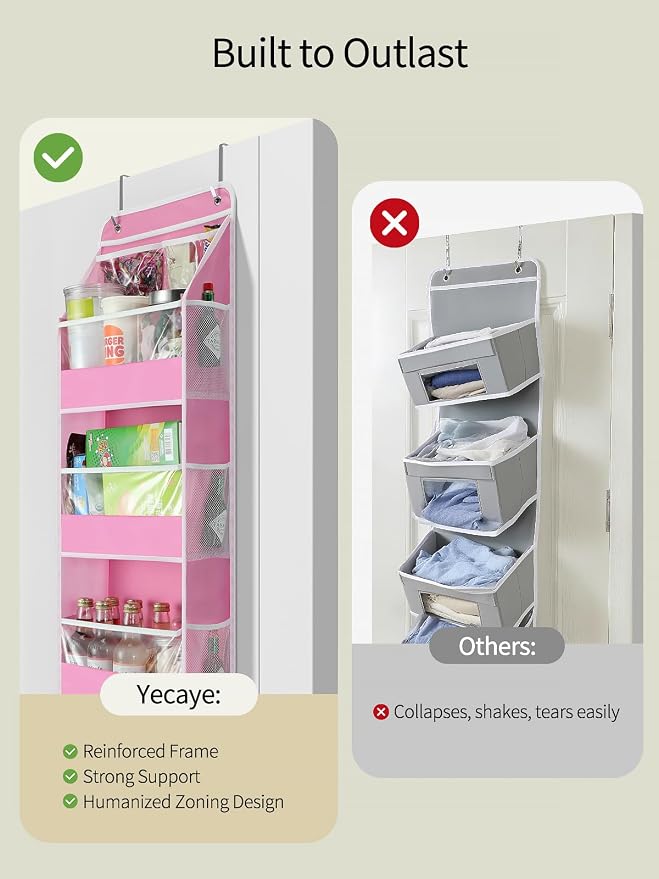 Yecaye 5 Tier Over the Door Organizer, Swing-proof Door Organizer Hanging with Clear PVC Windows, Behind the Door Storage for Bedroom Nursery Closet Laundry Pantry Bathroom, Bubblegum Pink