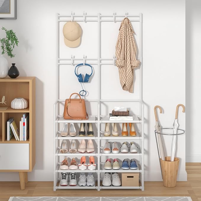 Laiensia 5-Tier Entryway Coat Rack, Coat and Shoe Rack, Entryway Bench Storage Organizer with 8 Hooks for Bedroom, Hallway, Office, White