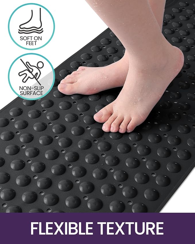 DEXI Bathtub Mat Non Slip 16x35, Shower Floor Mats for Bathroom Bath Tub, Washable Oval Bathmat with Suction Cups and Drain Holes, Black