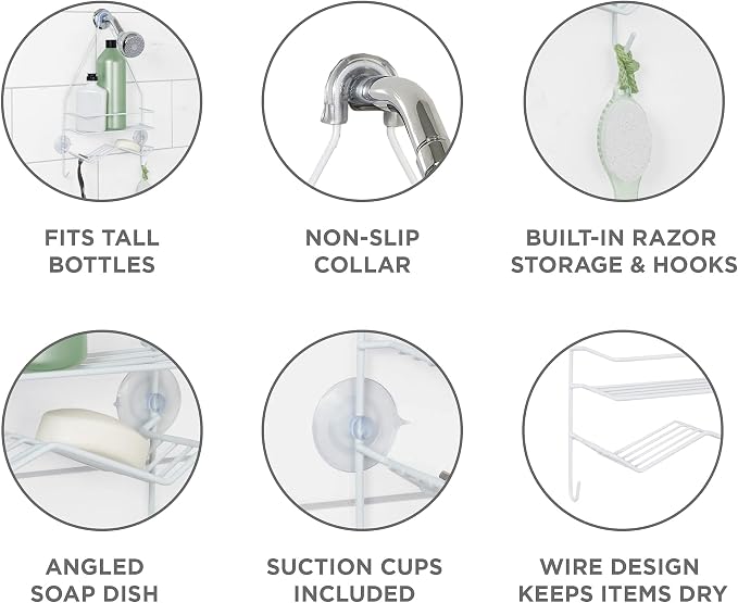 Zenna Home Rust Resistant Hanging Shower Caddy, Over the Shower Head Caddy with 1 Wide Shelf and Built In Soap Dish, Steel Bathroom Hanging Organizer, White