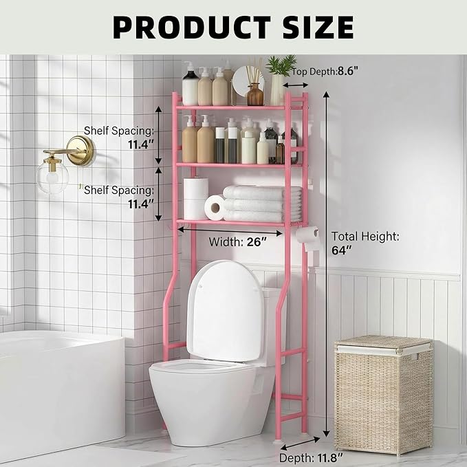 GloTika 3-Tier Over Toilet Storage with Anti-Tilt Safety System - 150lb Total Capacity Metal Bathroom Shelves Including Paper Holder & 4 Hooks, Space Saving Above Commode Organizer (64" H, Pink)