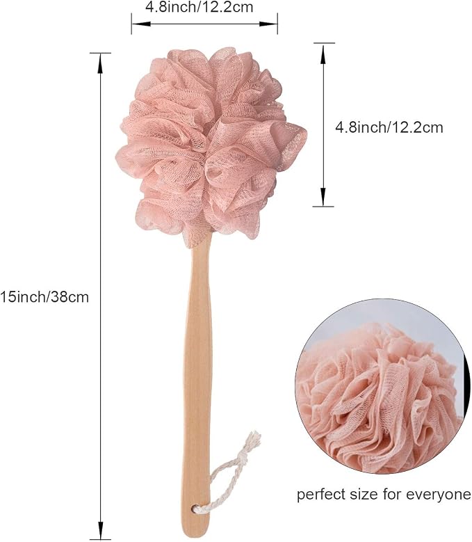Pink Loofah with Handle - Cute Back Scrubber & Exfoliating Shower Sponge, Soft Mesh Luffa on Wooden Stick, Bath Brush for Women and Girls