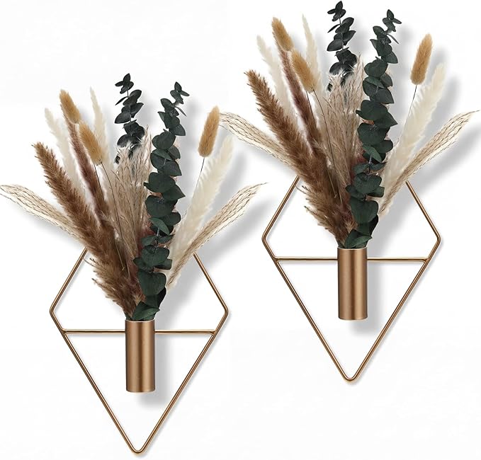 Jexine 4 Pcs Hanging Planters with Artificial Pampas Metal Hanging Vase Indoor Plants Holder Modern Geometric Boho Bathroom Wall Decor for Living Room Home Office, Antique Copper