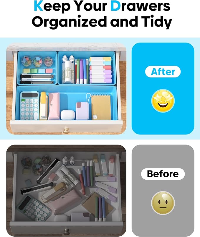 10 Pack Large Size Plastic Drawer Organizers Set, 3 Sizes Desk Drawer Organizer Trays, Storage Bins for Vanity, Makeup, Bathroom, Kitchen Utensils and Office (Blue)