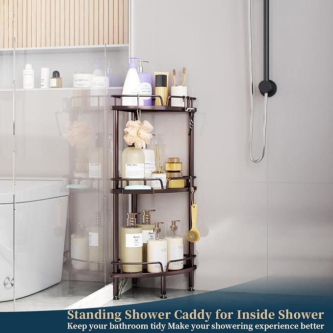 Consumest Corner Shower Caddy Stand - 3 Tier Shower Organizer with Soap Holder, Tall Floor Corner Shelves Standing with Adjustable Feet & 4 Hooks, Storage Rack for Bathroom, Bronze