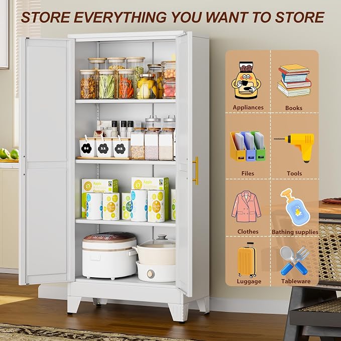 61" White Metal Garage Storage Cabinet with 2 Doors and 3 Adjustable Shelves,Kitchen Pantry Cabinet,File Cabinet,Steel Tool Cabinet for Home,Office,Garage,School,Warehouse