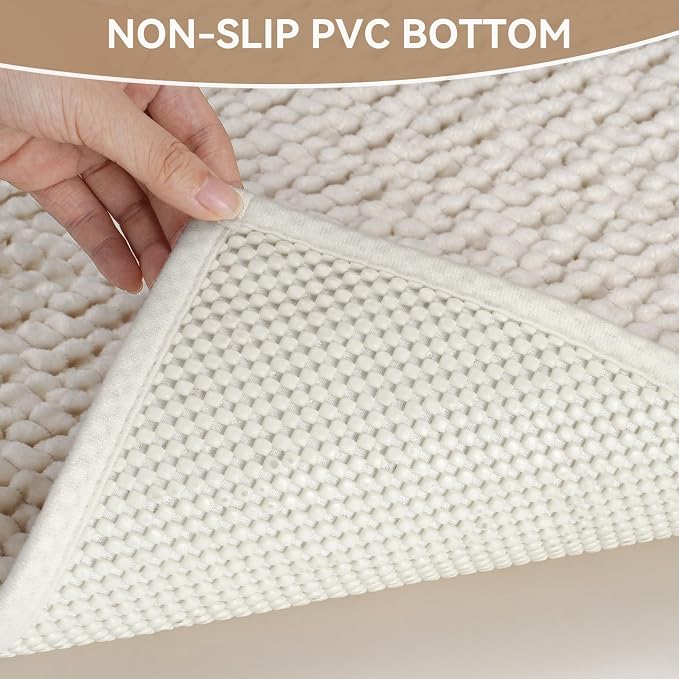 20x32 Extra Soft Chenille Bathroom Rugs - Non Slip Quick Dry Absorbent & Washable Bath Mat, Thin Low Profile Fit Under Door, Shower Mat for Outside Shower - Beige