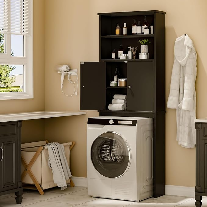 Nuturelly Over The Toilet Storage Cabinet, Bathroom Storage Organizer with Adjustable Shelves and Double Wooden Doors, Freestanding Above Toilet Storage with Open Shelf, Wooden Toilet Rack, Black