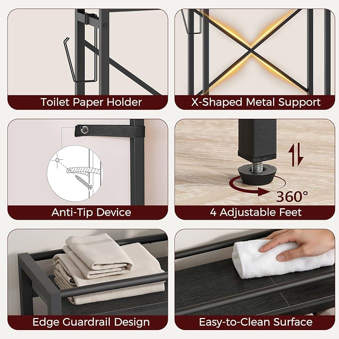 MAHANCRIS Over Toilet Storage, 2-Tier Bathroom Organizer Shelf with 2 Fabric Drawers and Toilet Paper Holder, Freestanding Above Toilet Rack for Small Spaces, Space-Saving, Black TSBK1101