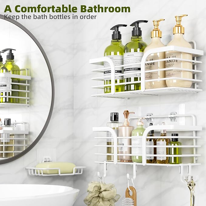 Yougai Shower Caddy, Shower Organizer with Soap Holder and Hooks, Rustproof Shower Shelves, No Drilling Bathroom Organizers and Storage, Wall-Mounted Kitchen & Home Decor (White)