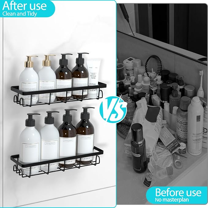 Shower Caddy Organizer with Hooks,Self Adhesive Bathroom Shelves,No Drilling Bathroom Organizers and Storage,Perfect for RV, Apartment, Home Decor,2 Pack Black