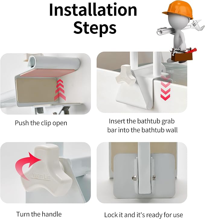 Bathtub Handle and Grab Bar, Bathtub Safety Rail with Non-Slip Grip for Seniors, Elderly, Fits 3.1 to 6.7 Inch Tub Walls, Supports 300 lbs
