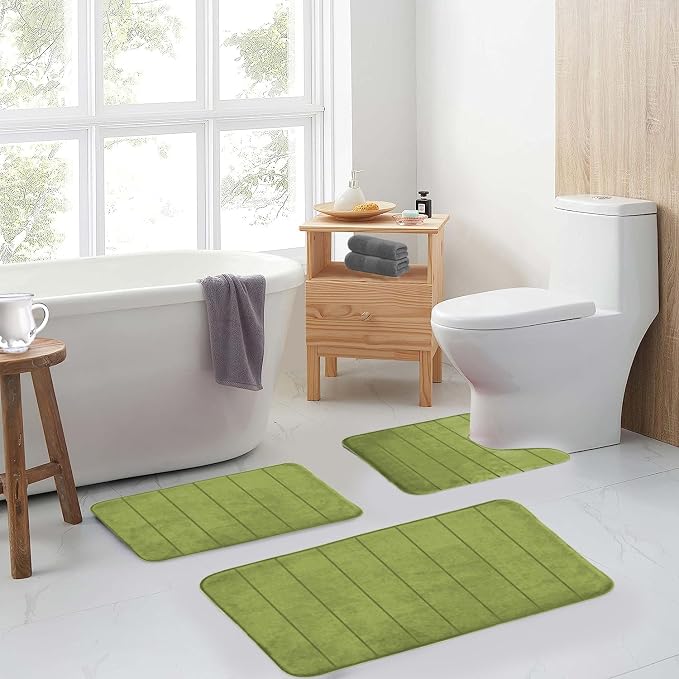 Sage Green Bathroom Rugs Sets 3 Piece Memory Foam Non Slip Bath Mats for Bathroom Floor and U-Shaped Contour Toilet Rug, Soft Washable Bathrom Sets Mats and Rugs Sets for Toilet Shower Sink