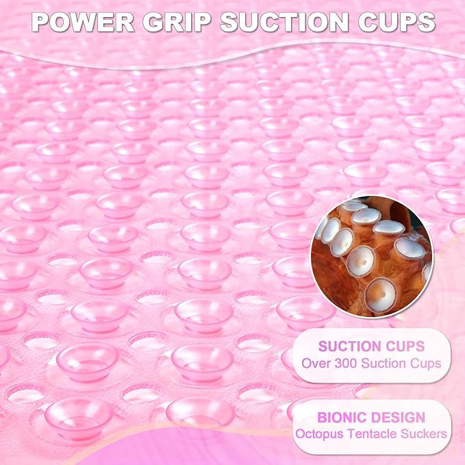 Bathtub and Shower Mats, 40x16 Inch Extra Large Non Slip Soft Bath Tub Mat with Suction Cups and Drain Holes for Bathroom Floor and Keep Tubs Clean, Machine Washable, Clear Pink